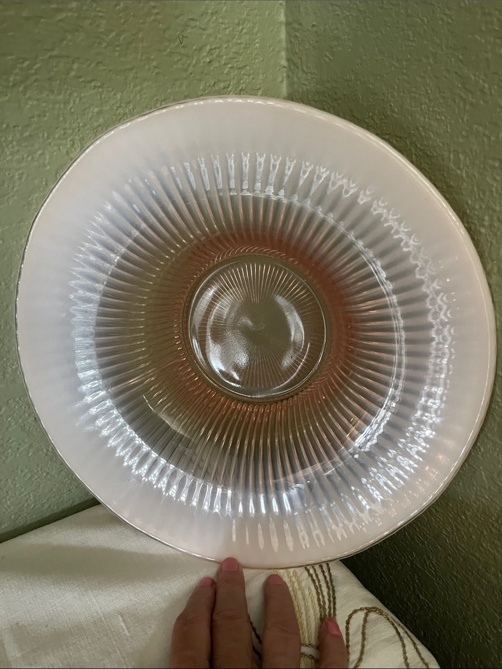 Vintage Fenton Sheffield Peaches & Cream Rib Optic 12” Opalescent Bowl